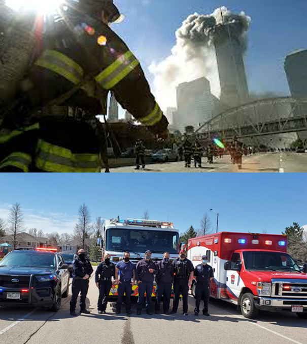 Two images, the top image is of a firefighter at the scene of the 9/11 attack. The second image is a group of officers, firefighters and paramedics in front of their respective vehicles.