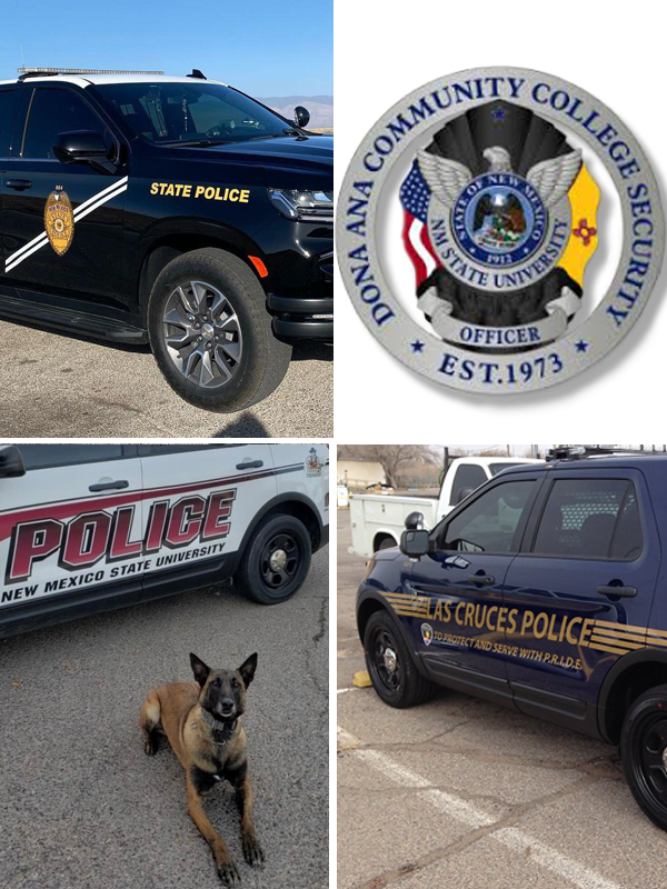 A compilation of images that include several type of Law Enforcement vehicles. This include the New Mexico State University Police, The Las Cruces Police Department, The State Police, and the emblem for the Dona Ana Community College Security.