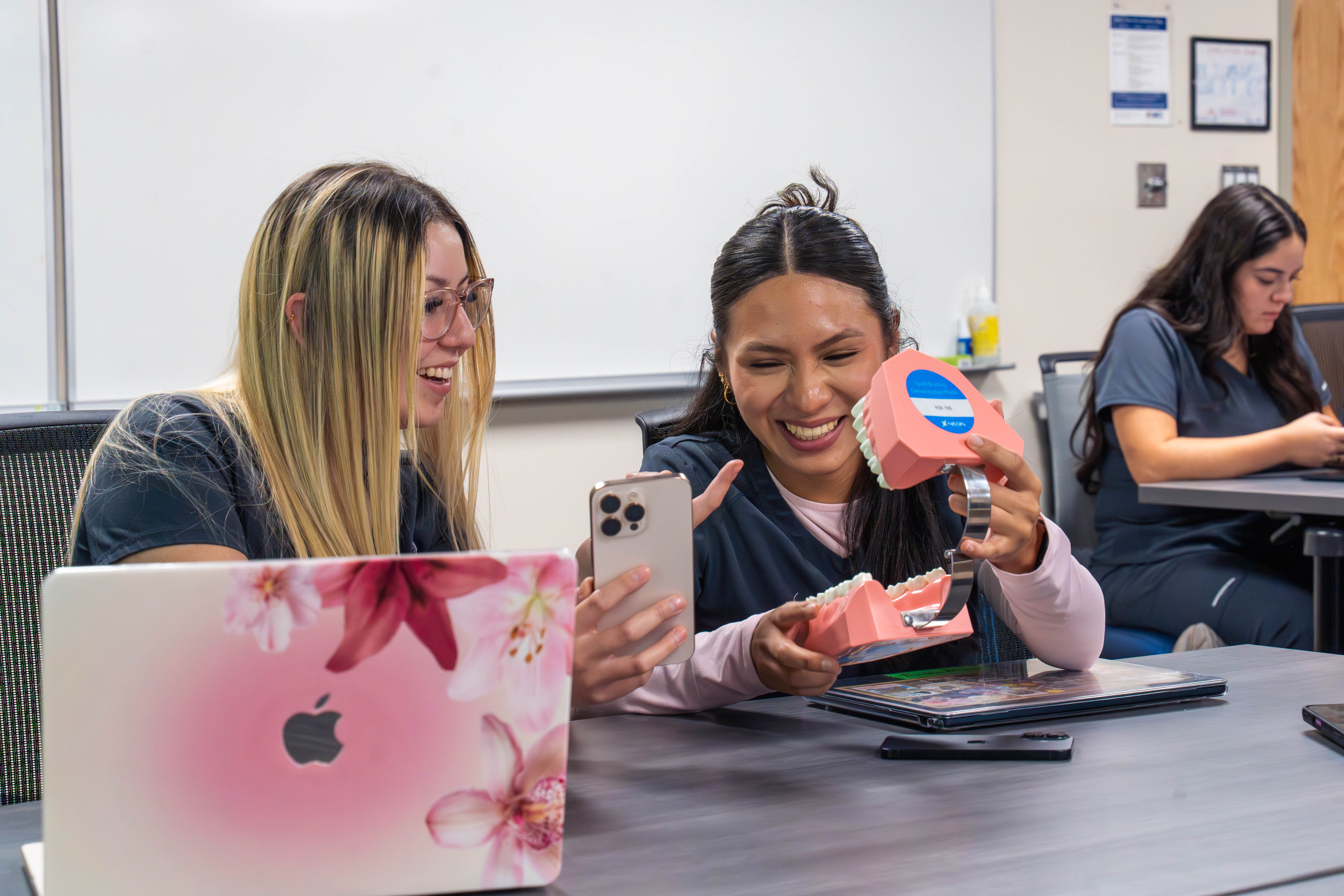 Two students using the app to identify teeth