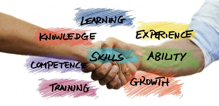 two hands shaking with the following words around them: learning, knowledge, skills, experience, ability, growth, competence, training.