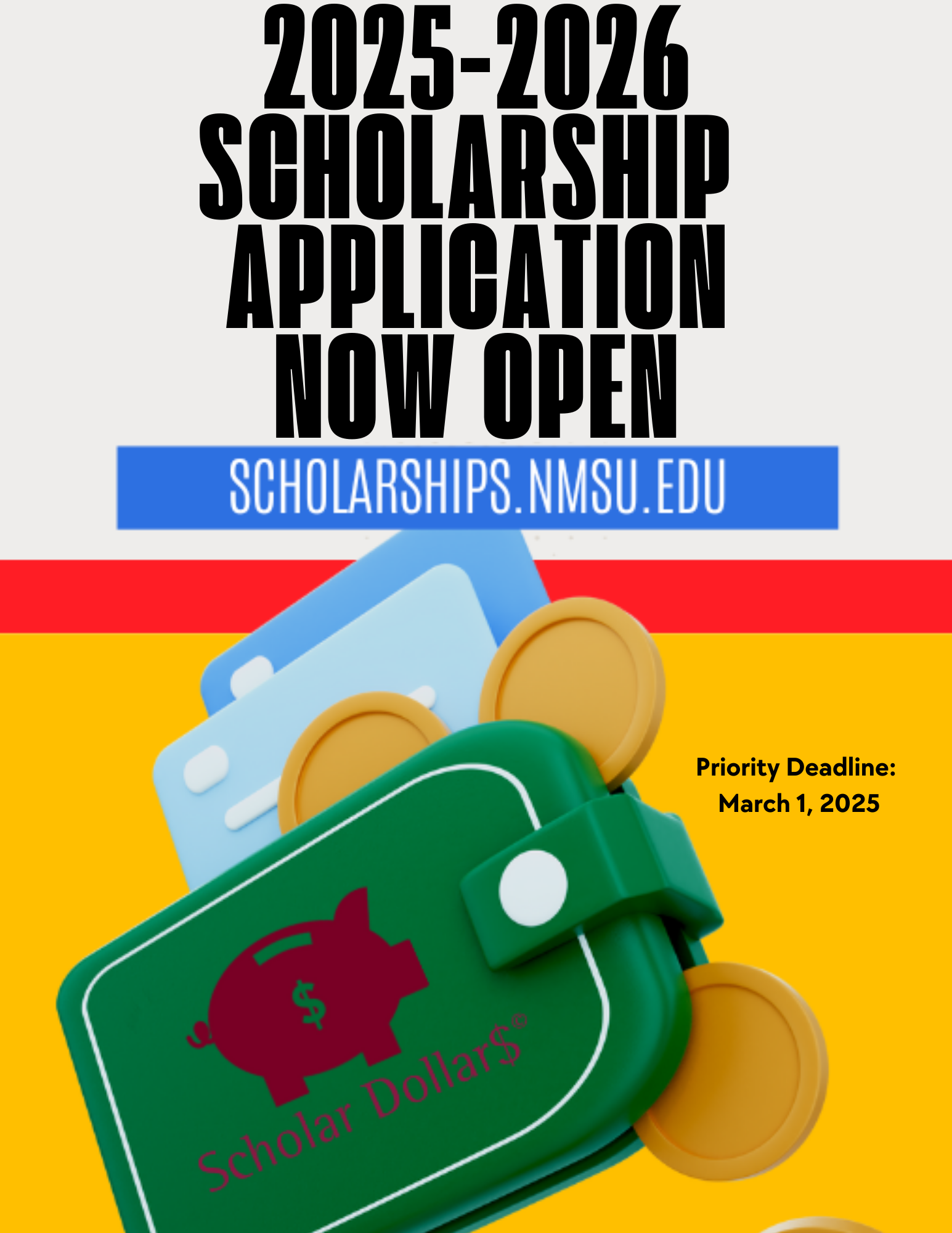 DACC logo with 2024-2025 scholarship application now open, priority deadline March 1st, 2024. at scholarships.nmsu.edu.