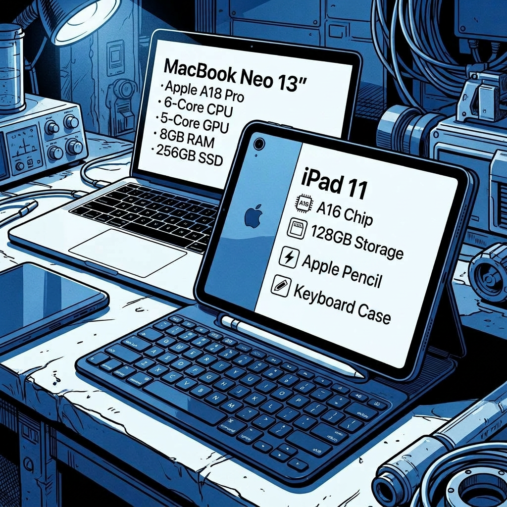 Illustration of a MacBook and iPad with spec lists displayed on their screens