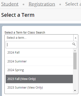 an image of the NMSU live class schedule showing how to use the semester select option