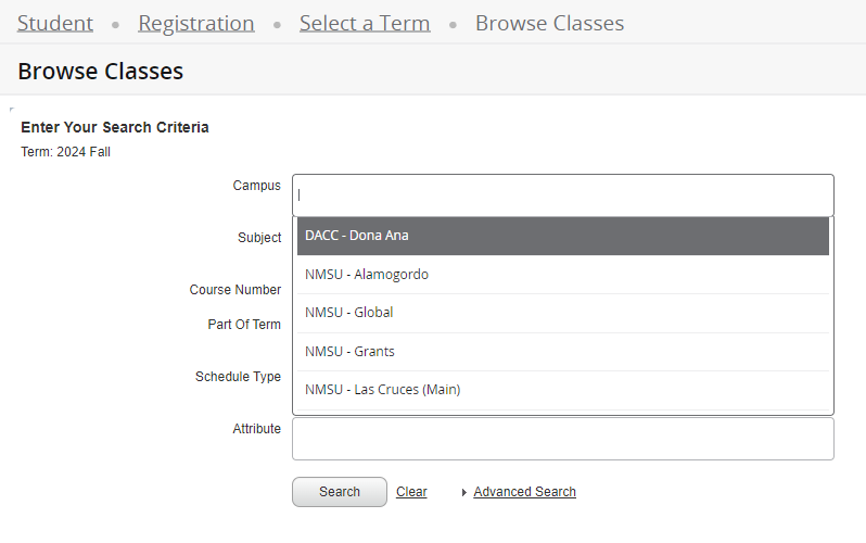 an image of the NMSU class schedule showing how to get to DACC classes