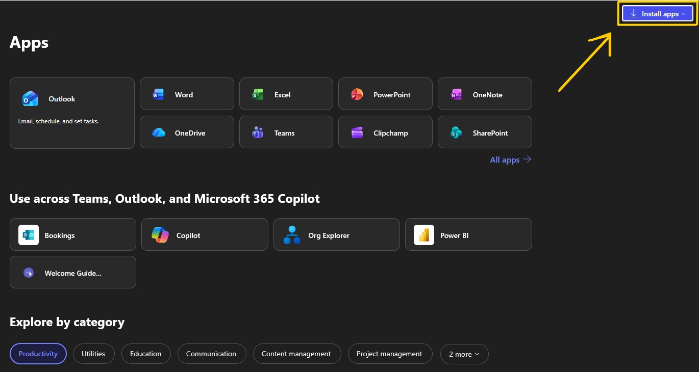Office 365 portal showing Install Apps button